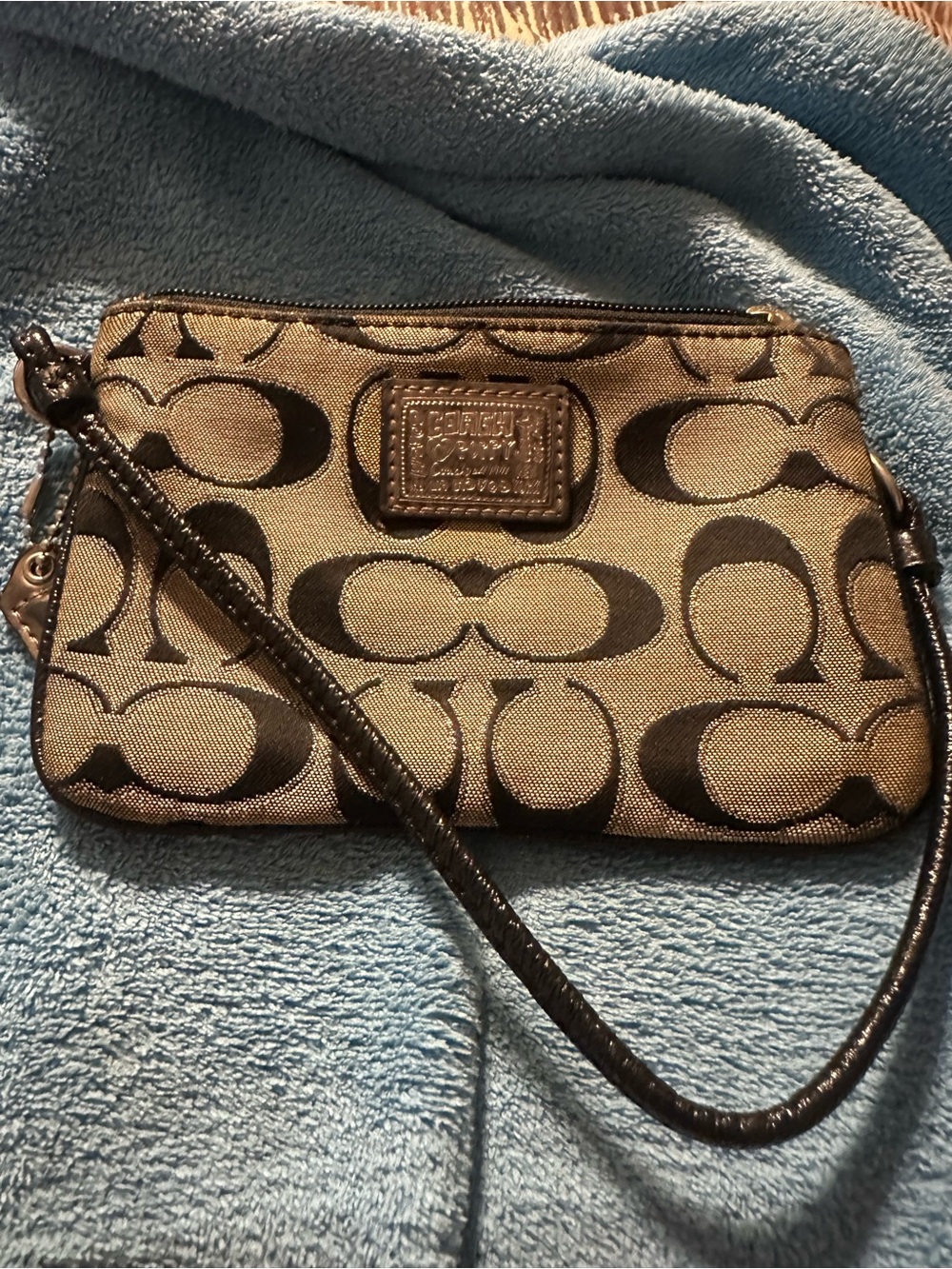 Coach Khaki and Black Signature Canvas Wristlet